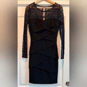 WhiteHouseBlackMarket black tiered dress, lace long sleeves, keyhole Neck, Large